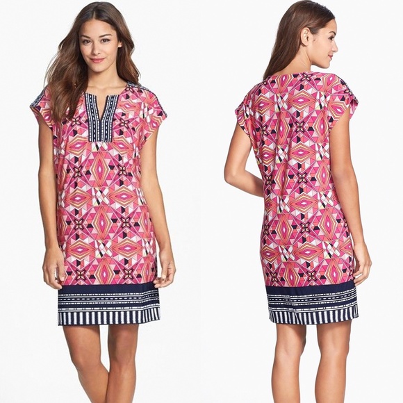 LAUNDRY SHELLI SEGAL Pink Kaleidoscope Pattern Short Sleeve Shift Dress - Picture 1 of 5